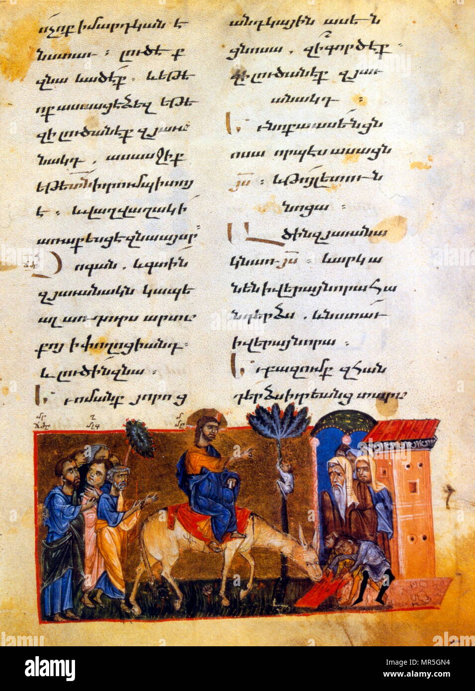 Il XIII secolo, armena manoscritto evangelica, l'ingresso di Cristo in Gerusalemme Foto Stock
