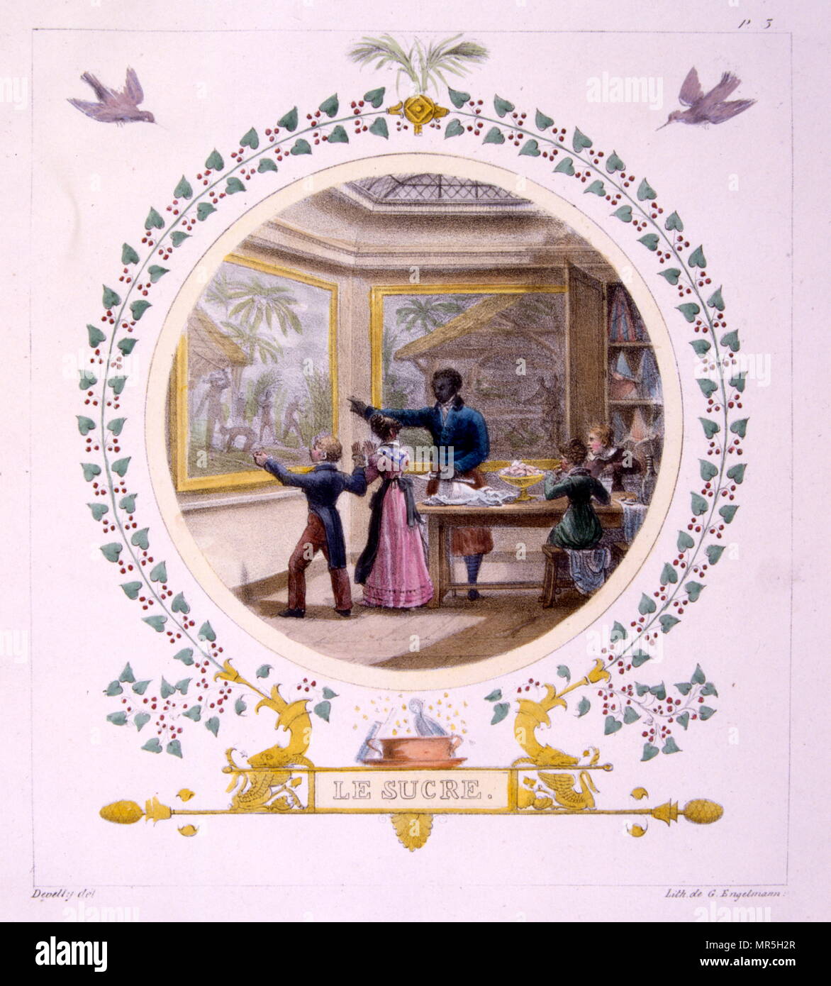 Illustrazione " zucchero " 1829, da Jean-Charles Develly (1783 - 1862); francese illustratore e artista. Un africano o slave Afro-caraibici spiega l'origine dello zucchero delle piantagioni di slave per figli francesi come guardano murales nella loro casa di Parigi. La schiavitù nel Impero francese è stata nuovamente introdotta da Napoleone nel 1802 e infine soppressa nel 1835 Foto Stock