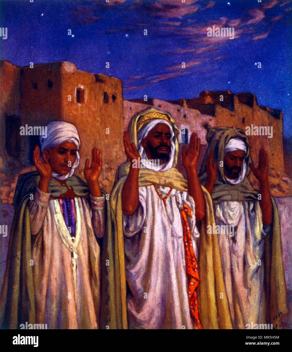 Illustrazione raffigurante arabi musulmani pellegrini in viaggio alla Mecca, da Nasreddine Dinet (Alphonse-Étienne Dinet); 1861 - 1929, un francese Pittore orientalista; 1918. La Mecca è il luogo più sacro dell'Islam. Esso è considerato dai musulmani per essere il bayt Allāh, la "casa di Dio". I musulmani sono tenuti ad affrontare la Kaaba quando si eseguono salat (preghiera). Uno dei cinque pilastri dell Islam richiede che ogni musulmano che è in grado di farlo per eseguire hajj pellegrinaggio almeno una volta nel corso della loro vita. Foto Stock