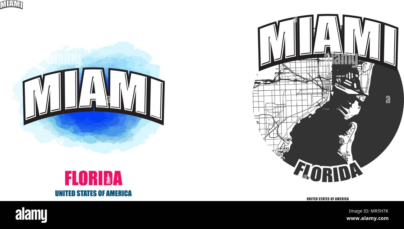 Miami, Florida, logo design. Due in un vettore arti. Grande con logo vintage lettere con bello sfondo colorato e uno-colore-versione con mappa per il capodanno Illustrazione Vettoriale