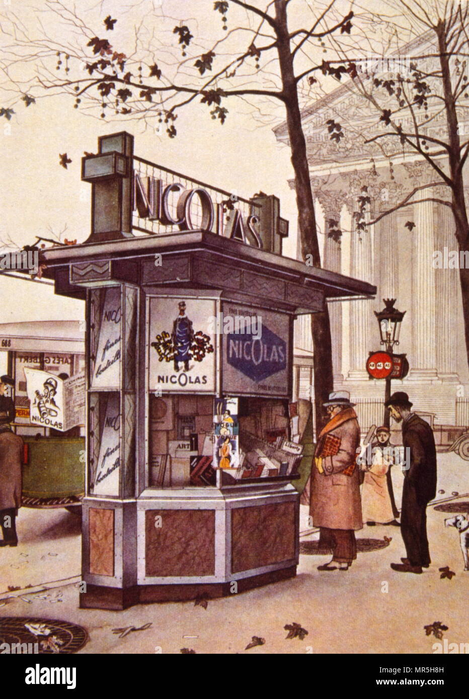 Manifesto francese raffigurante una strada shop o stand a Parigi, la vendita di vino per il mercante di vino Nicolas. 1931 Foto Stock