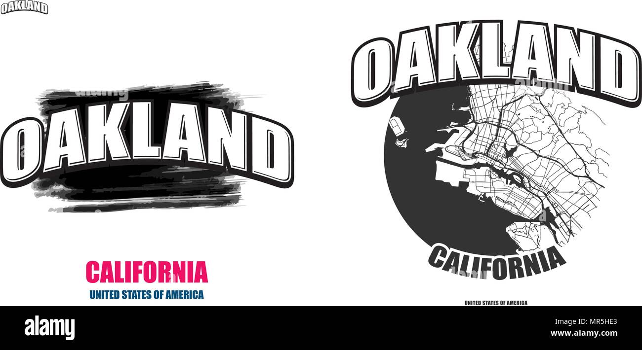 Oakland, la California, logo design. Due in un vettore arti. Grande con logo vintage lettere con bello sfondo colorato e uno-colore-versione con mappa fo Illustrazione Vettoriale