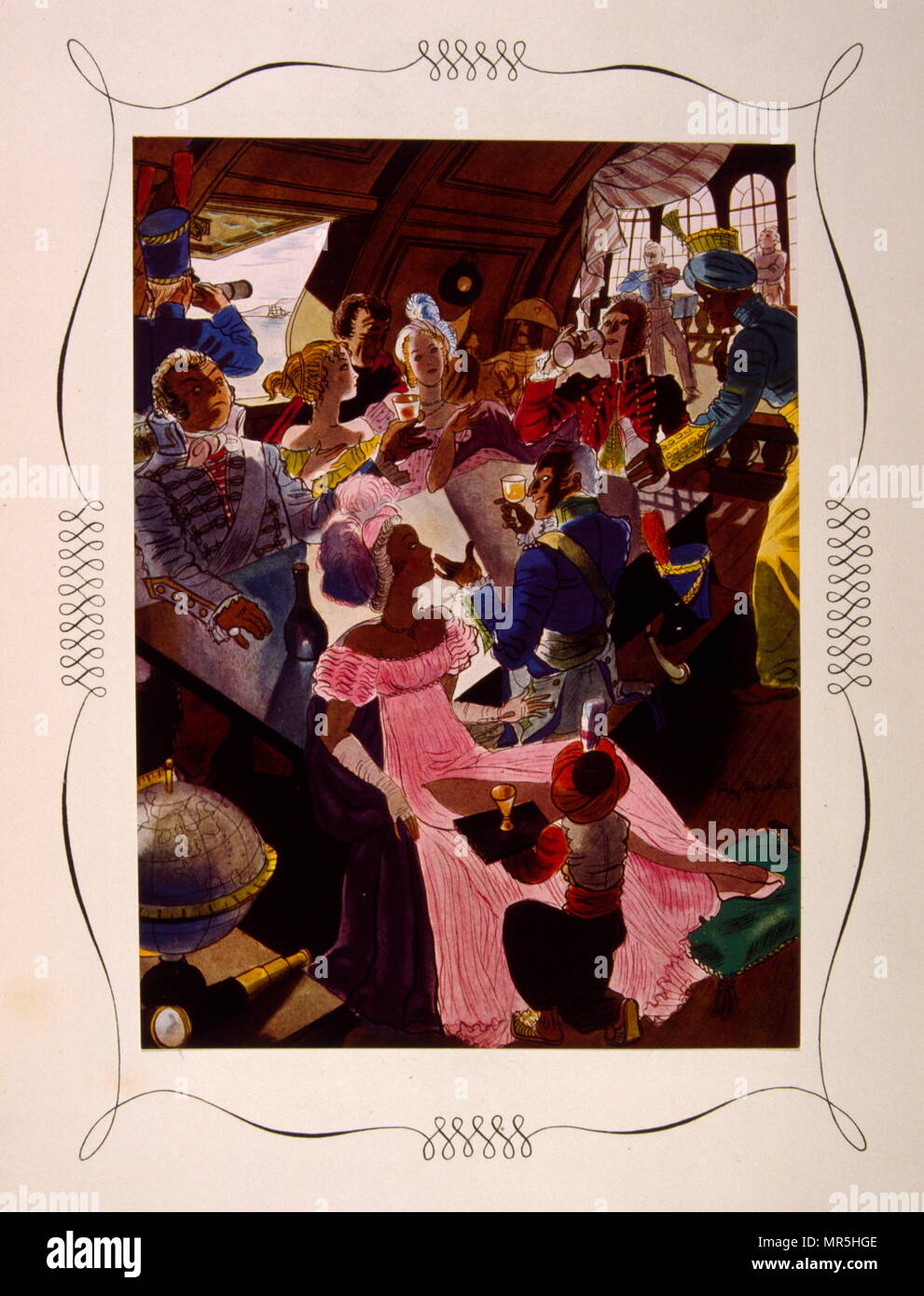 Illustrazione Raymond Bret-Koch (1902-1996), raffigurante le celebrazioni a bordo della nave britannica il centauro 1776. Cognac Hennessy annuncio, 1939 Foto Stock