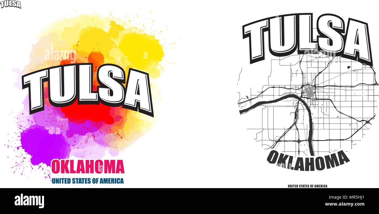 Tulsa, Oklahoma, logo design. Due in un vettore arti. Grande con logo vintage lettere con bello sfondo colorato e uno-colore-versione con mappa per ev Illustrazione Vettoriale