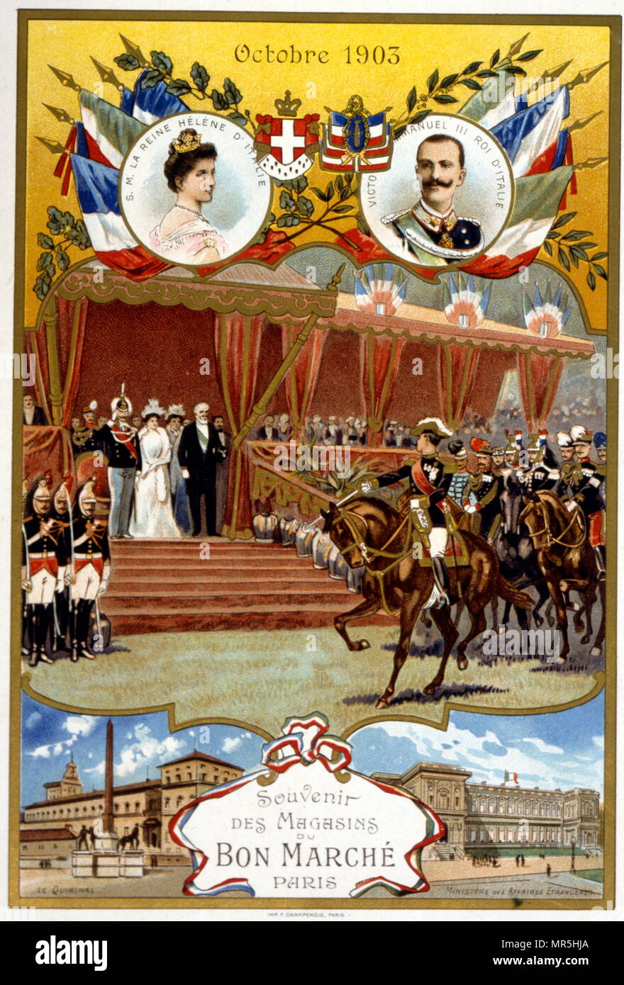 Illustrazione raffigurante la visita di stato del Re di Spagna alla Francia nel mese di ottobre 1903. I dettagli includono: il re Alfonso XIII (1886 - 1941); la regina Victoria Eugenia di Battenberg (1887 - 1969); la ricezione con il Presidente Émile Loubet (1838 - 1929) Foto Stock