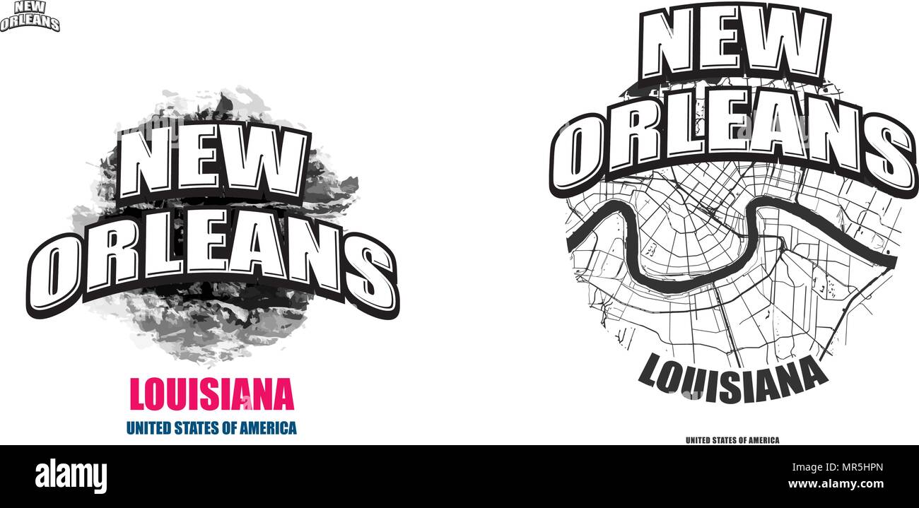 New Orleans, Louisiana, logo design. Due in un vettore arti. Grande con logo vintage lettere con bello sfondo colorato e uno-colore-versione con mappa Illustrazione Vettoriale