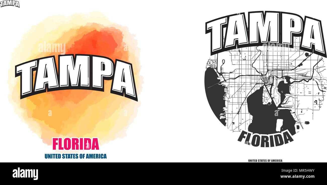 Tampa, Florida, logo design. Due in un vettore arti. Grande con logo vintage lettere con bello sfondo colorato e uno-colore-versione con mappa per il capodanno Illustrazione Vettoriale