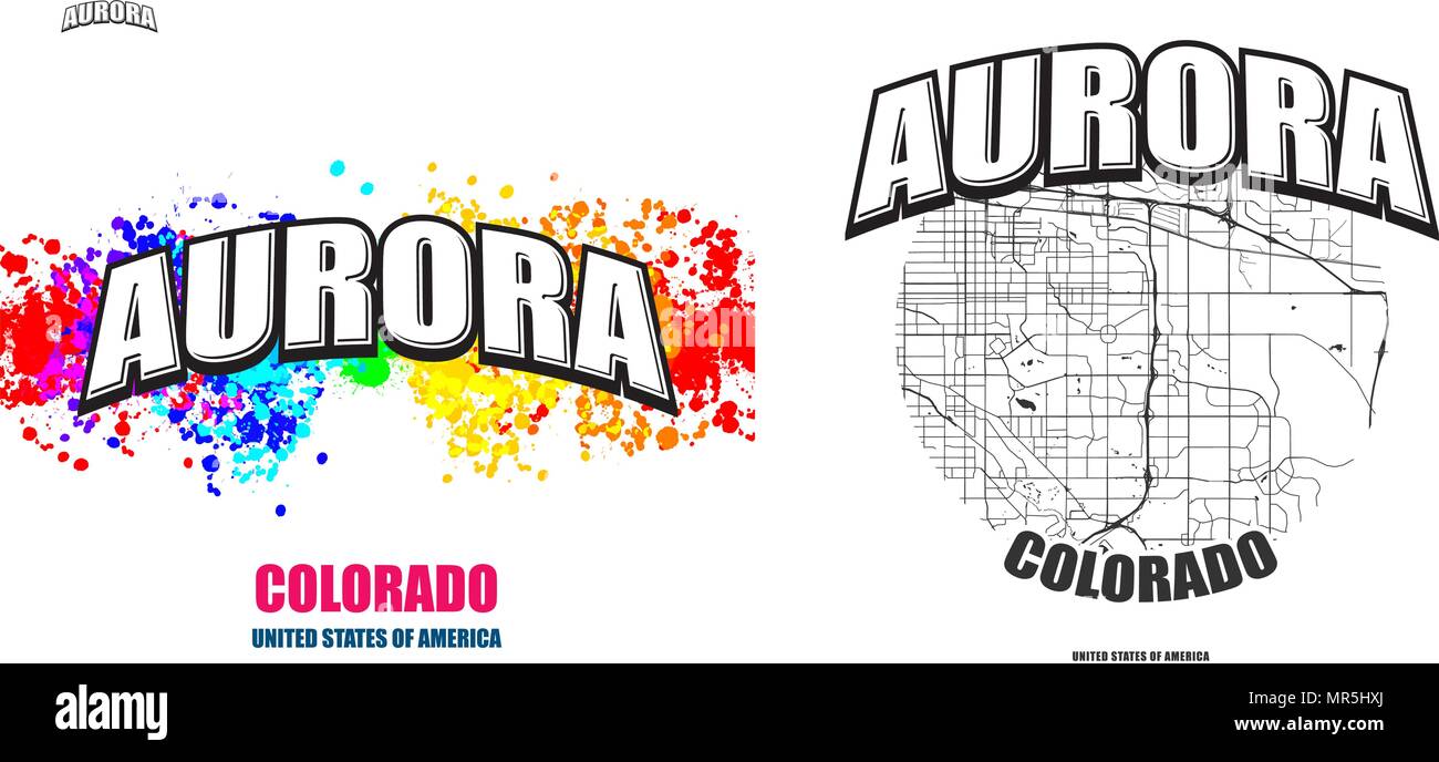 Aurora, Colorado, logo design. Due in un vettore arti. Grande con logo vintage lettere con bello sfondo colorato e uno-colore-versione con mappa per e Illustrazione Vettoriale
