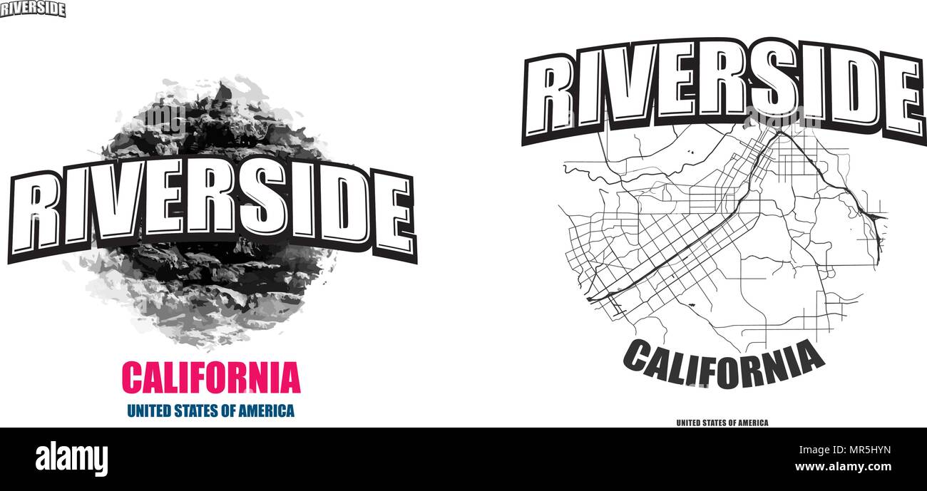 Riverside, California, logo design. Due in un vettore arti. Grande con logo vintage lettere con bello sfondo colorato e uno-colore-versione con mappa Illustrazione Vettoriale