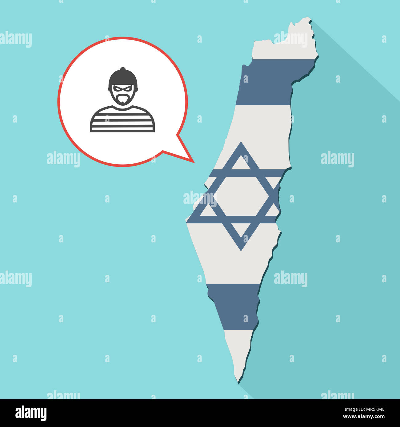 Illustrazione di una lunga ombra Israele mappa con la sua bandiera e un palloncino di fumetti con ladro Foto Stock