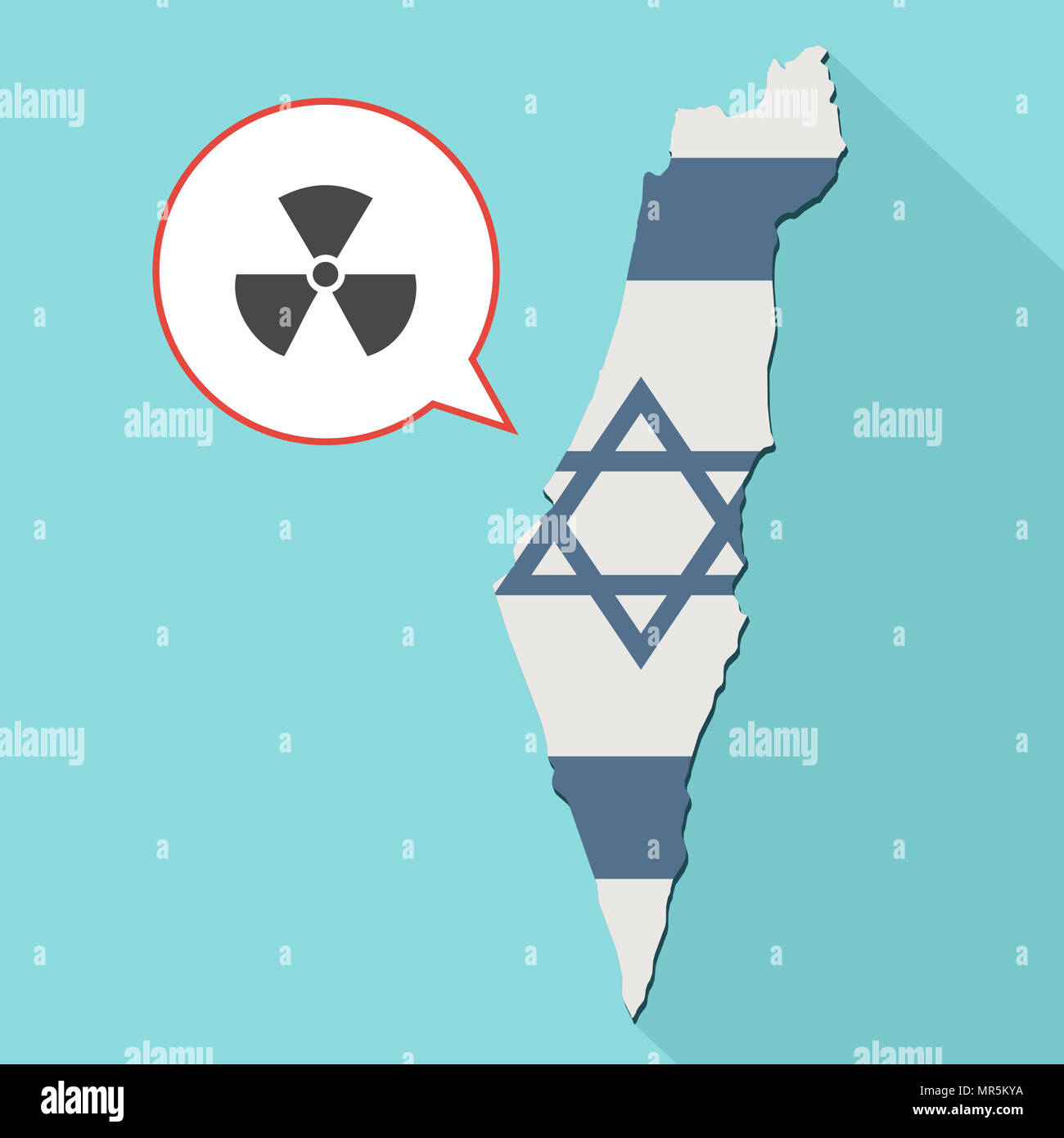 Illustrazione di una lunga ombra Israele mappa con la sua bandiera e un palloncino di fumetti con segno radioattivi Foto Stock