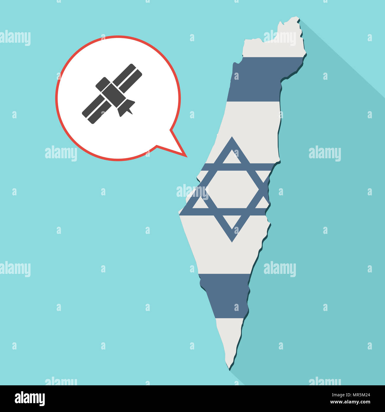 Illustrazione di una lunga ombra Israele mappa con la sua bandiera e un palloncino di fumetti con satellite Foto Stock