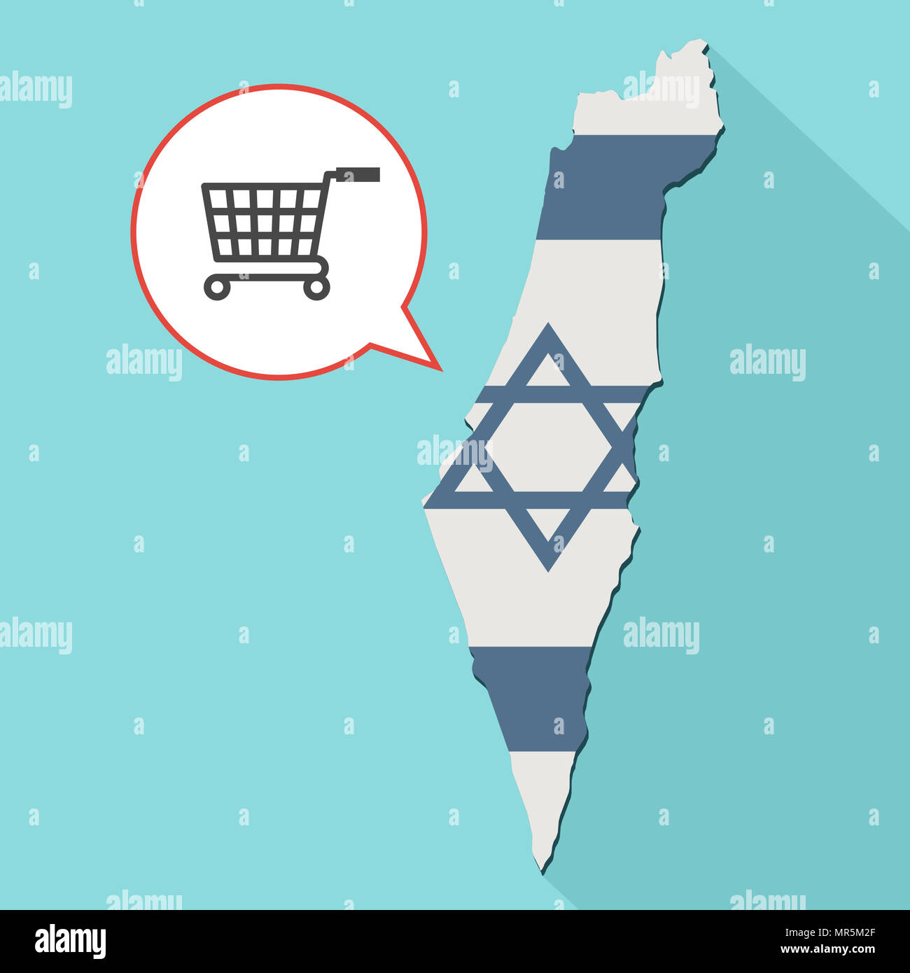 Illustrazione di una lunga ombra Israele mappa con la sua bandiera e un palloncino di fumetti con carrello Foto Stock