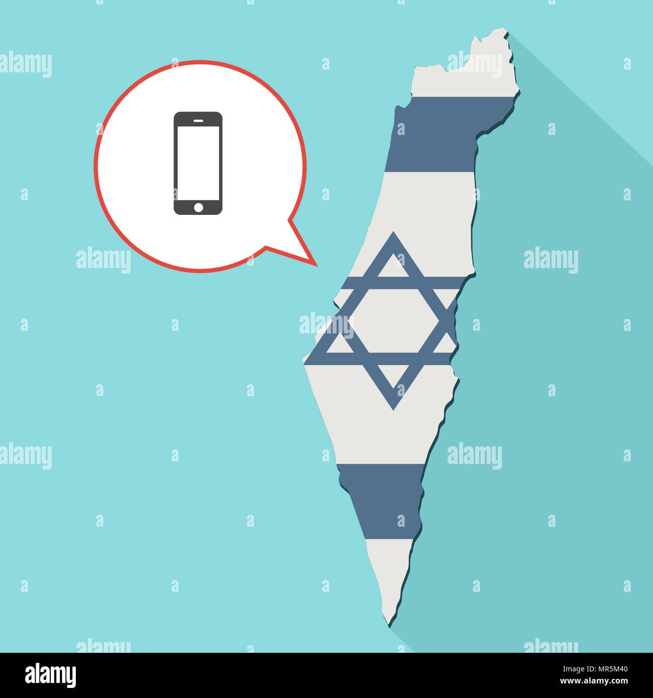 Illustrazione di una lunga ombra Israele mappa con la sua bandiera e un palloncino di fumetti con lo smartphone Foto Stock