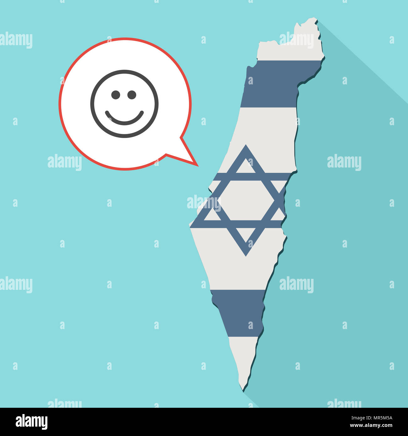 Illustrazione di una lunga ombra Israele mappa con la sua bandiera e un palloncino di fumetti con sorriso faccia emoji Foto Stock