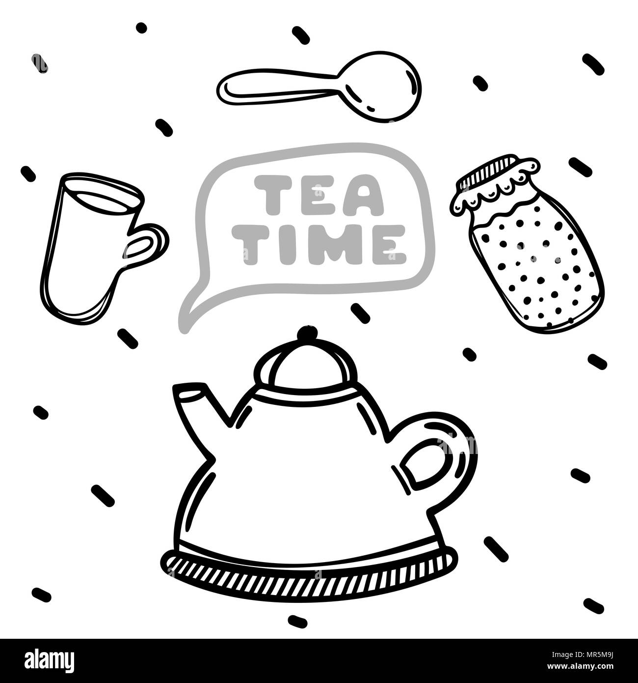 Cartoon teiera e marmellata su sfondo bianco. Ora del tè. Illustrazione Vettoriale