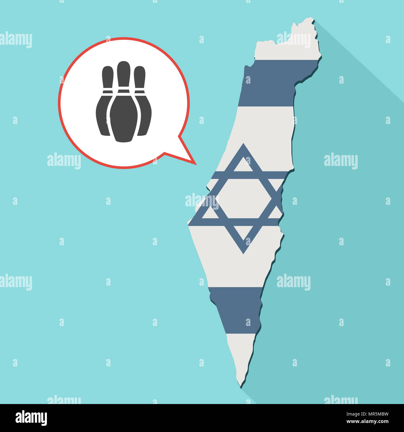 Illustrazione di una lunga ombra Israele mappa con la sua bandiera e un palloncino di fumetti con un gioco di bowling Foto Stock