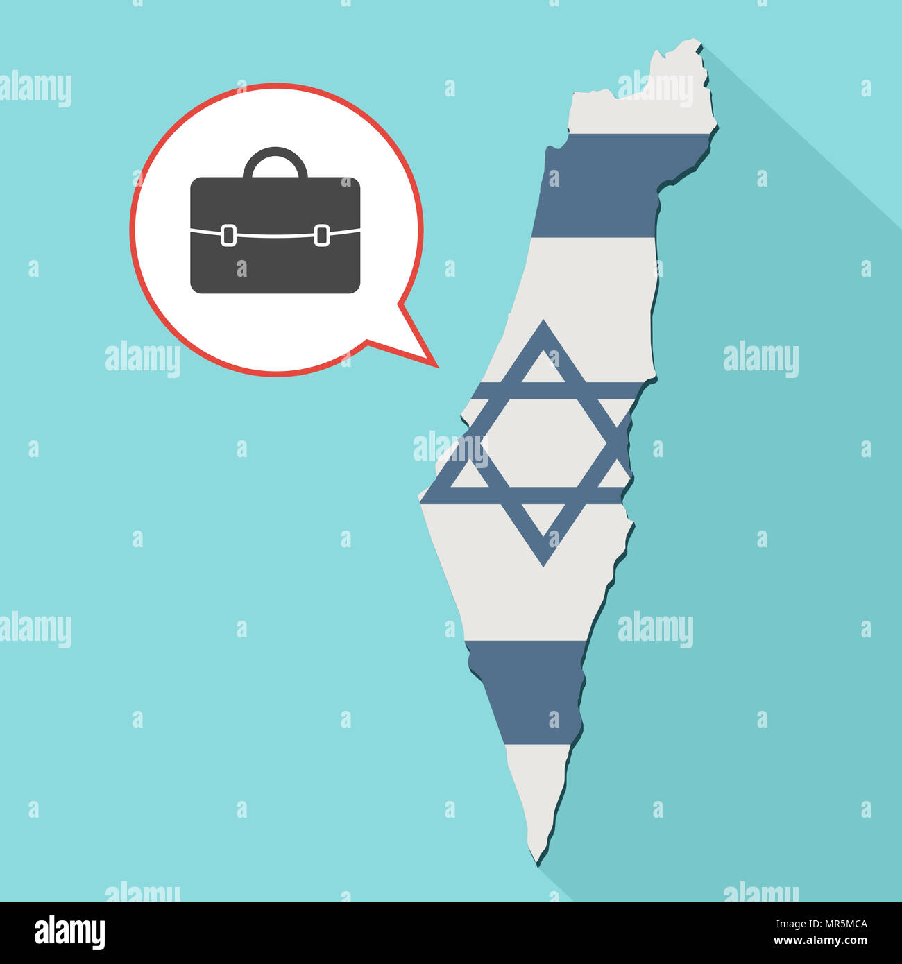Illustrazione di una lunga ombra Israele mappa con la sua bandiera e un palloncino di fumetti con una valigetta Foto Stock