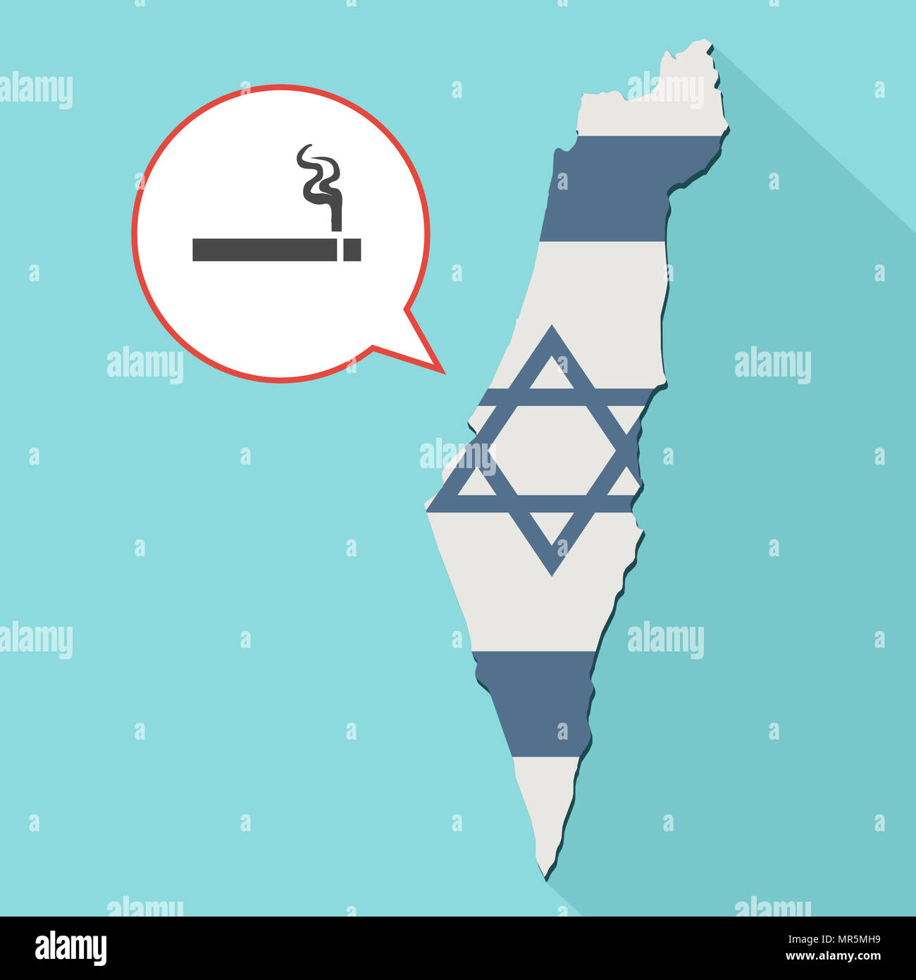 Illustrazione di una lunga ombra Israele mappa con la sua bandiera e un palloncino di fumetti con una sigaretta Foto Stock