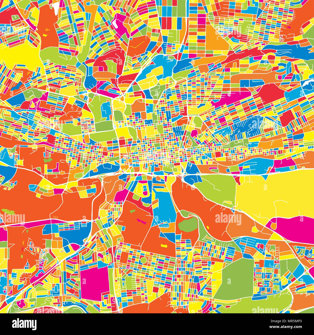 Johannesburg, Sud Africa, colorata mappa vettoriale. Strade bianche, ferrovie e acqua. Colore luminoso punto di riferimento forme. Stampa di arte pattern. Illustrazione Vettoriale