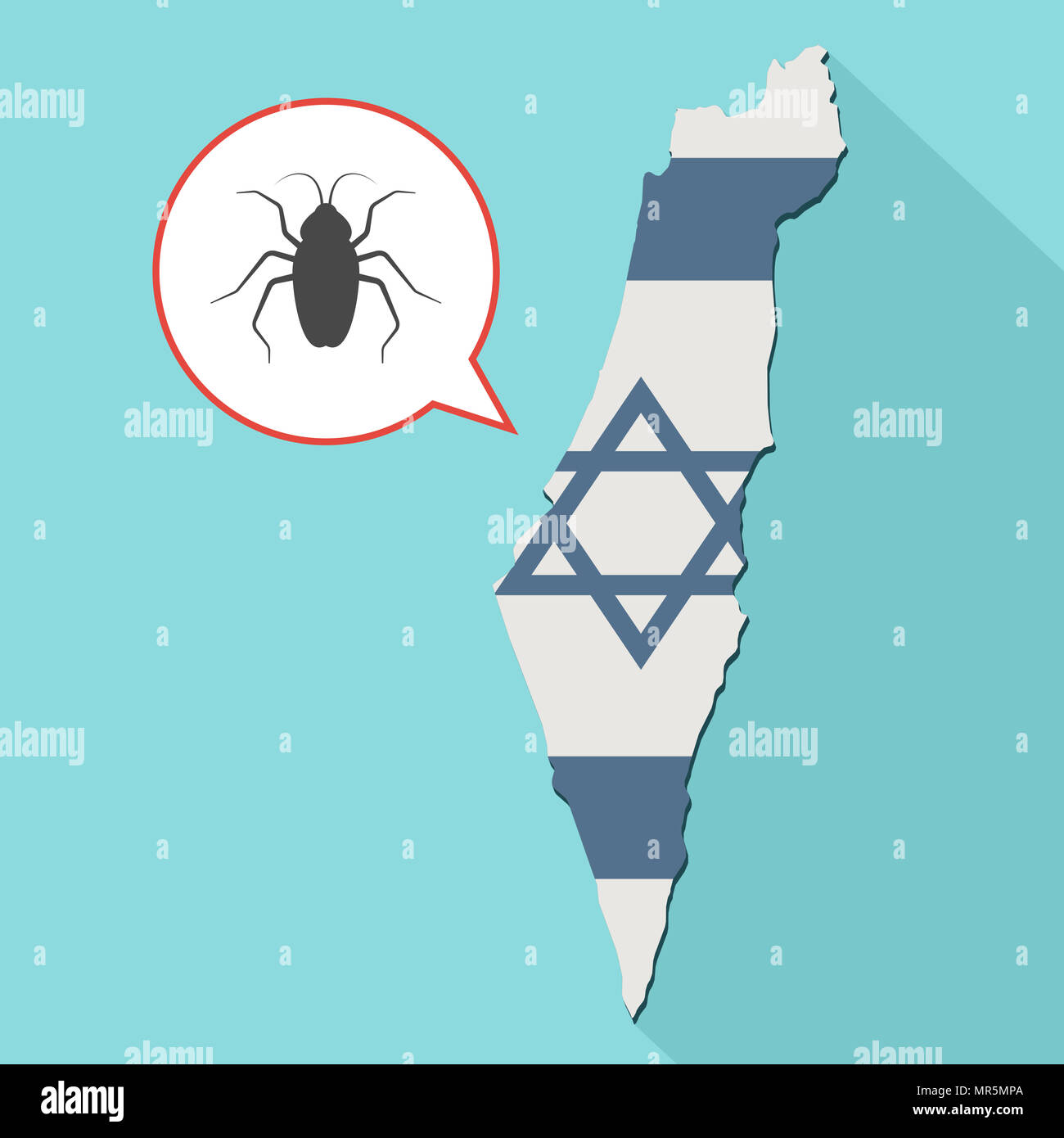 Illustrazione di una lunga ombra Israele mappa con la sua bandiera e un palloncino di fumetti con uno scarafaggio Foto Stock