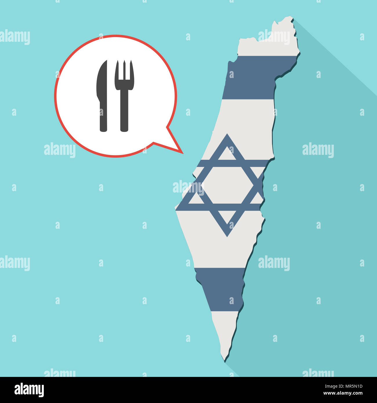 Illustrazione di una lunga ombra Israele mappa con la sua bandiera e un palloncino di fumetti con una posata Foto Stock