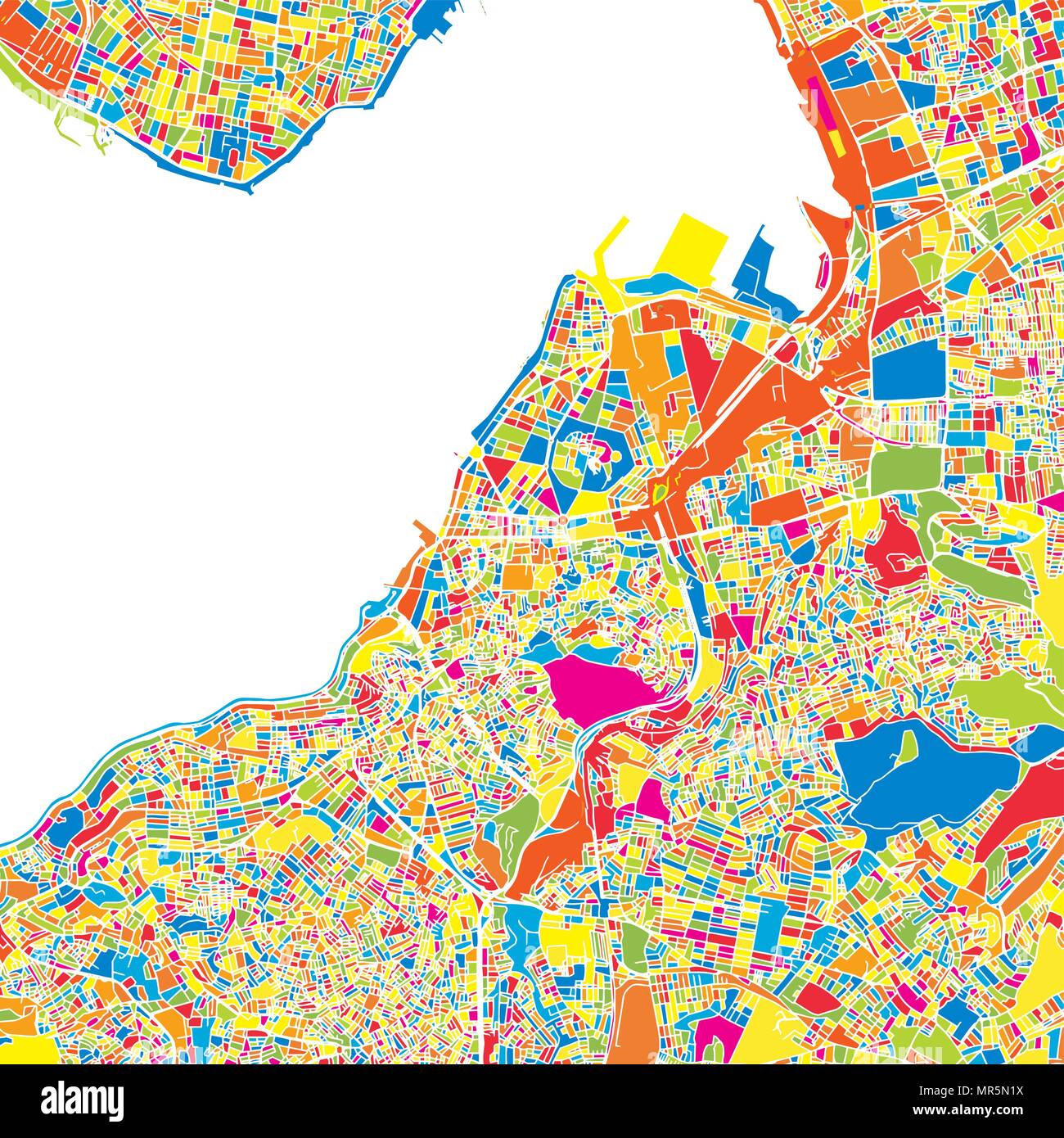 İzmir, Turchia, colorata mappa vettoriale. Strade bianche, ferrovie e acqua. Colore luminoso punto di riferimento forme. Stampa di arte pattern. Illustrazione Vettoriale