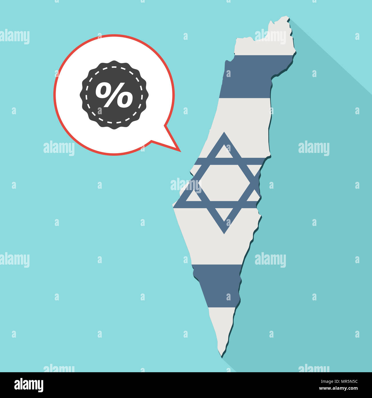 Illustrazione di una lunga ombra Israele mappa con la sua bandiera e un palloncino di fumetti con uno sconto Foto Stock
