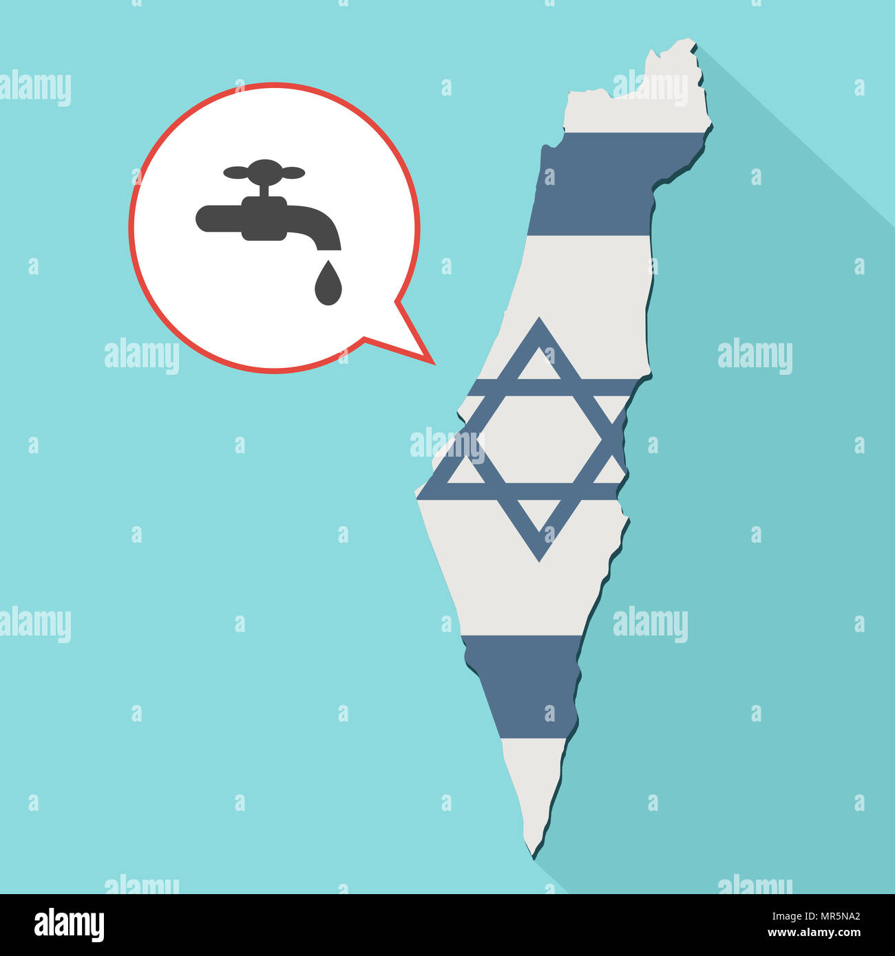 Illustrazione di una lunga ombra Israele mappa con la sua bandiera e un palloncino di fumetti con un rubinetto Foto Stock