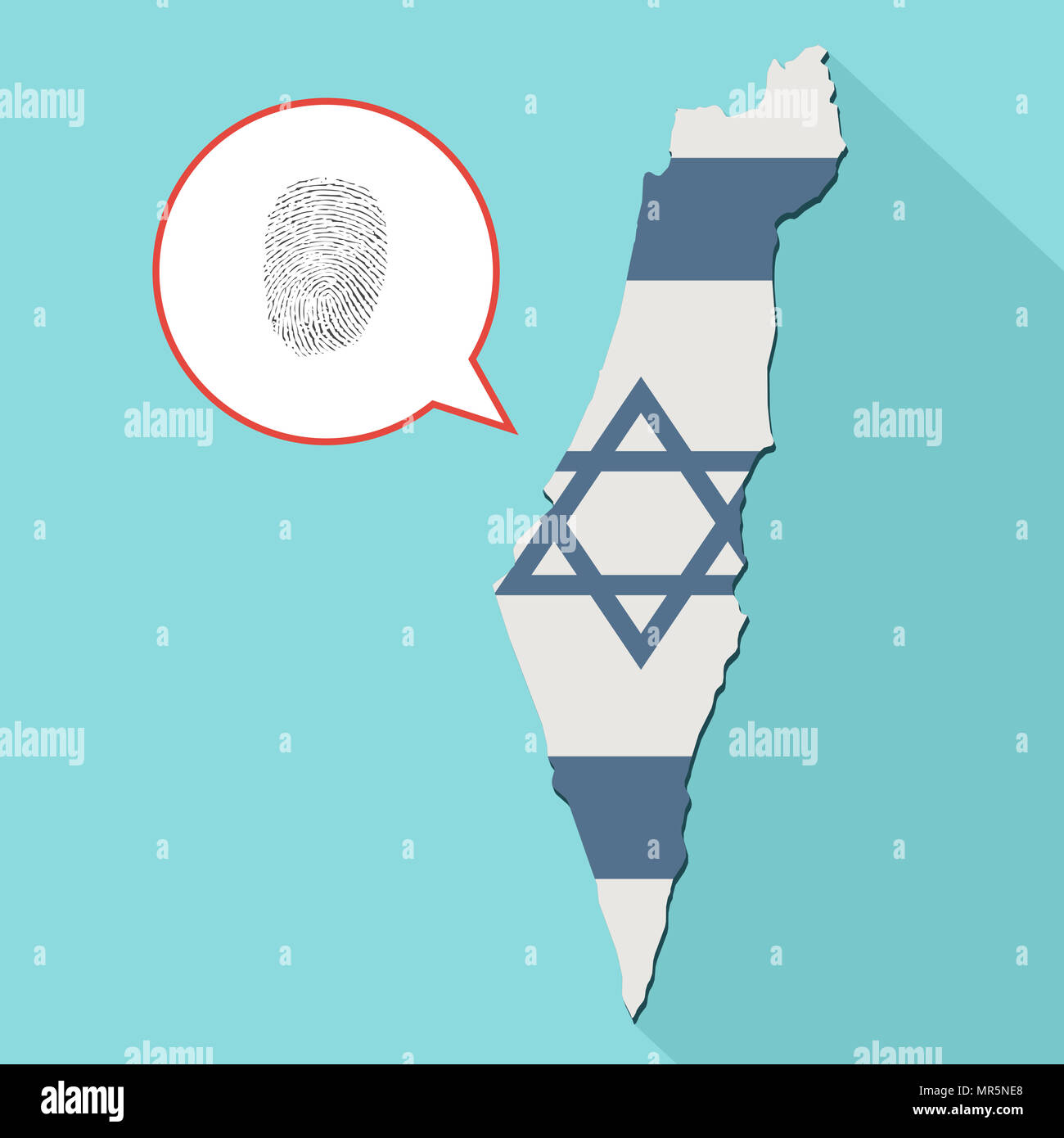 Illustrazione di una lunga ombra Israele mappa con la sua bandiera e un palloncino di fumetti con una impronta digitale Foto Stock