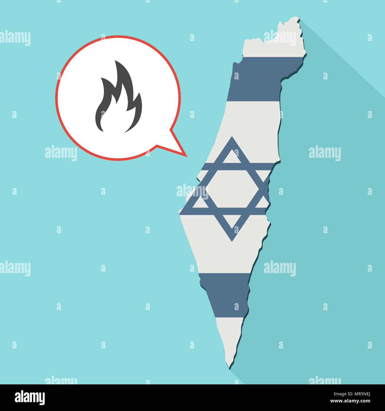 Illustrazione di una lunga ombra Israele mappa con la sua bandiera e un palloncino di fumetti con una fiamma Foto Stock