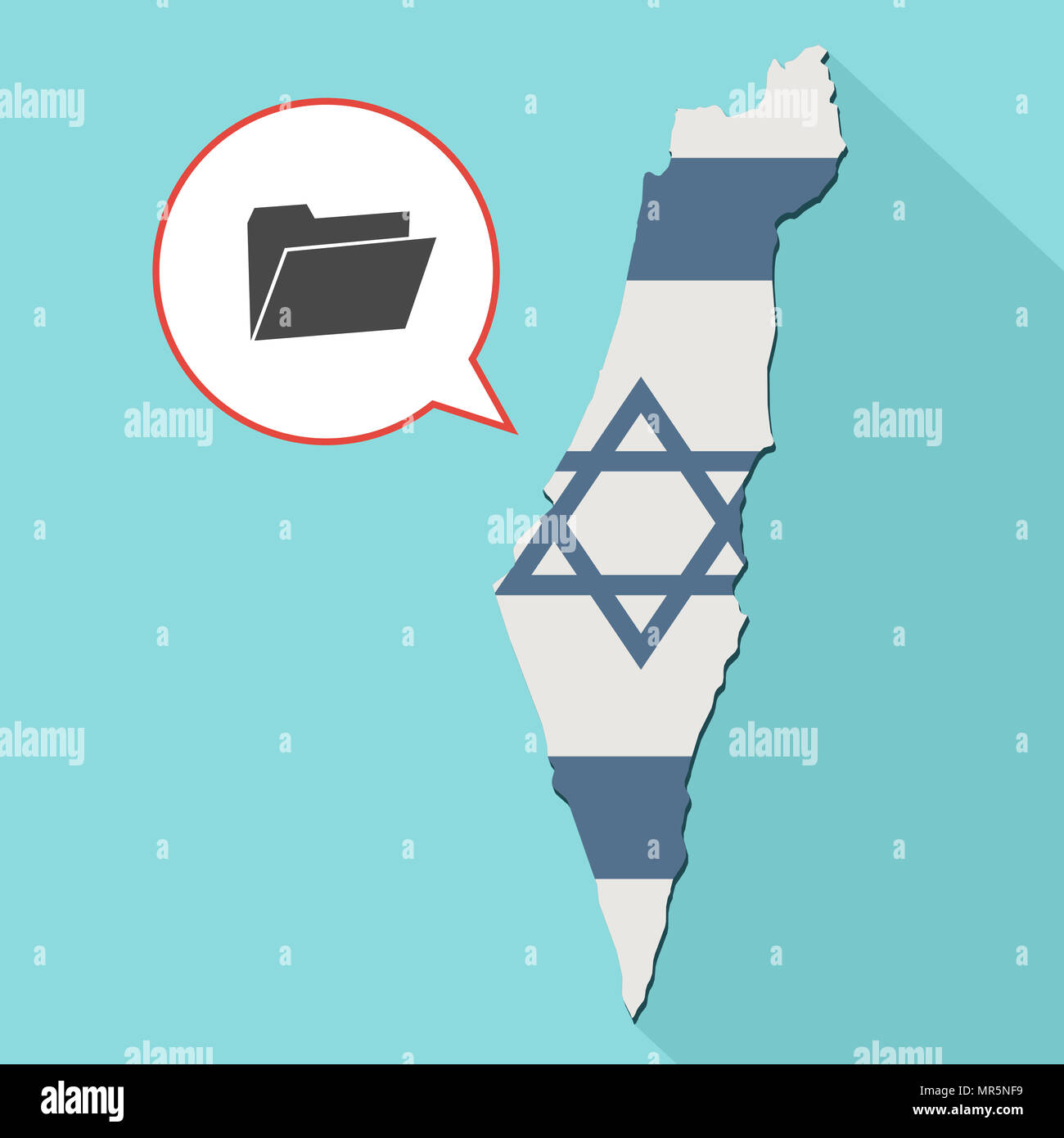 Illustrazione di una lunga ombra Israele mappa con la sua bandiera e un palloncino di fumetti con una cartella Foto Stock