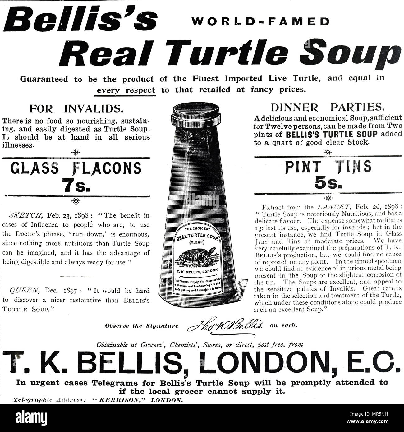 Pubblicità per Bellis reale la zuppa di tartaruga realizzato da prodotti commestibili tartaruga verde. Datata del XIX secolo Foto Stock
