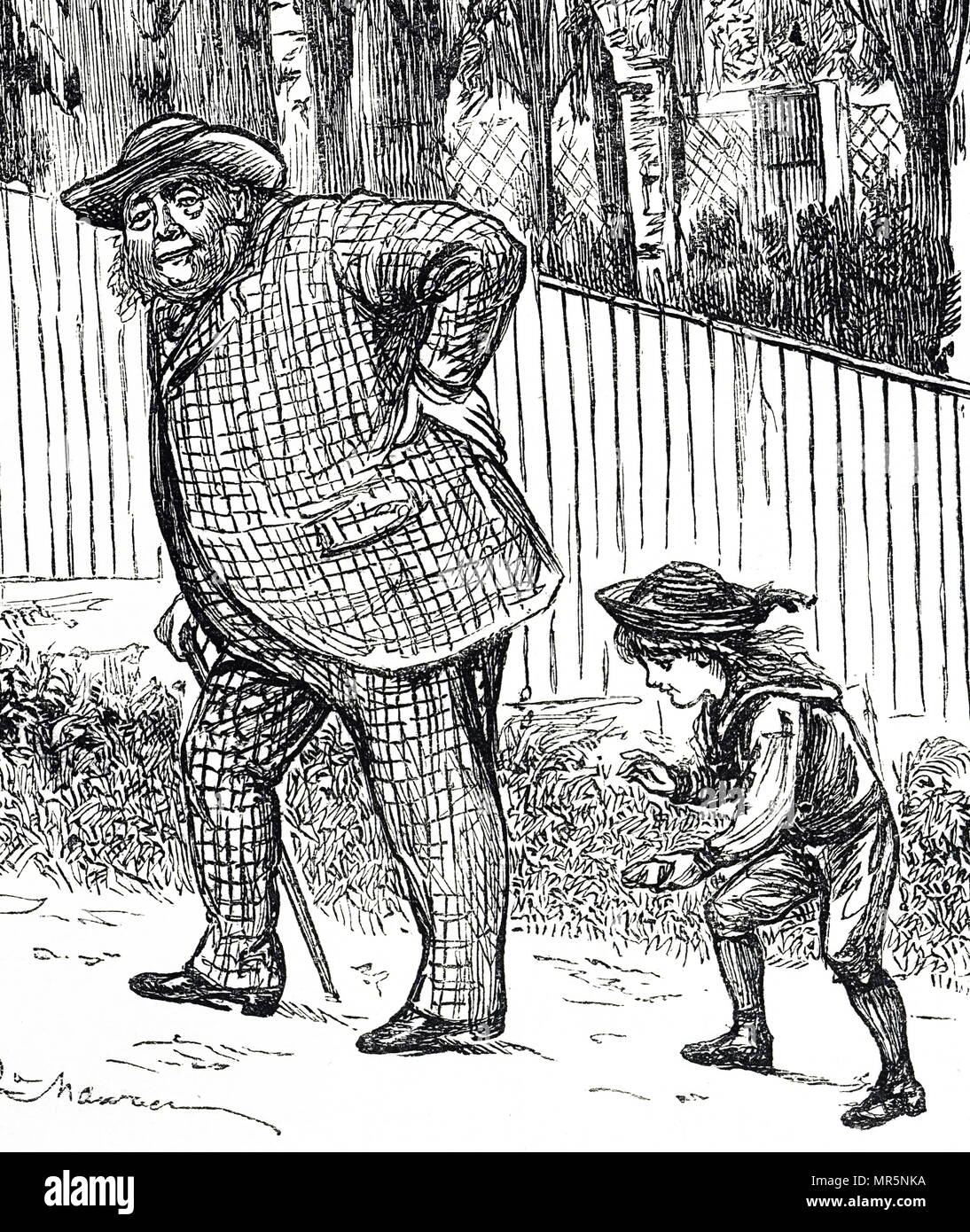 Incisione raffigurante e anziani e sovrappeso uomo a camminare su per una collina ripida. Datata del XIX secolo Foto Stock