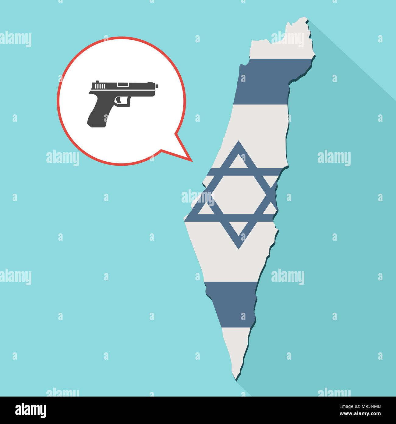Illustrazione di una lunga ombra Israele mappa con la sua bandiera e un palloncino di fumetti con una pistola Foto Stock
