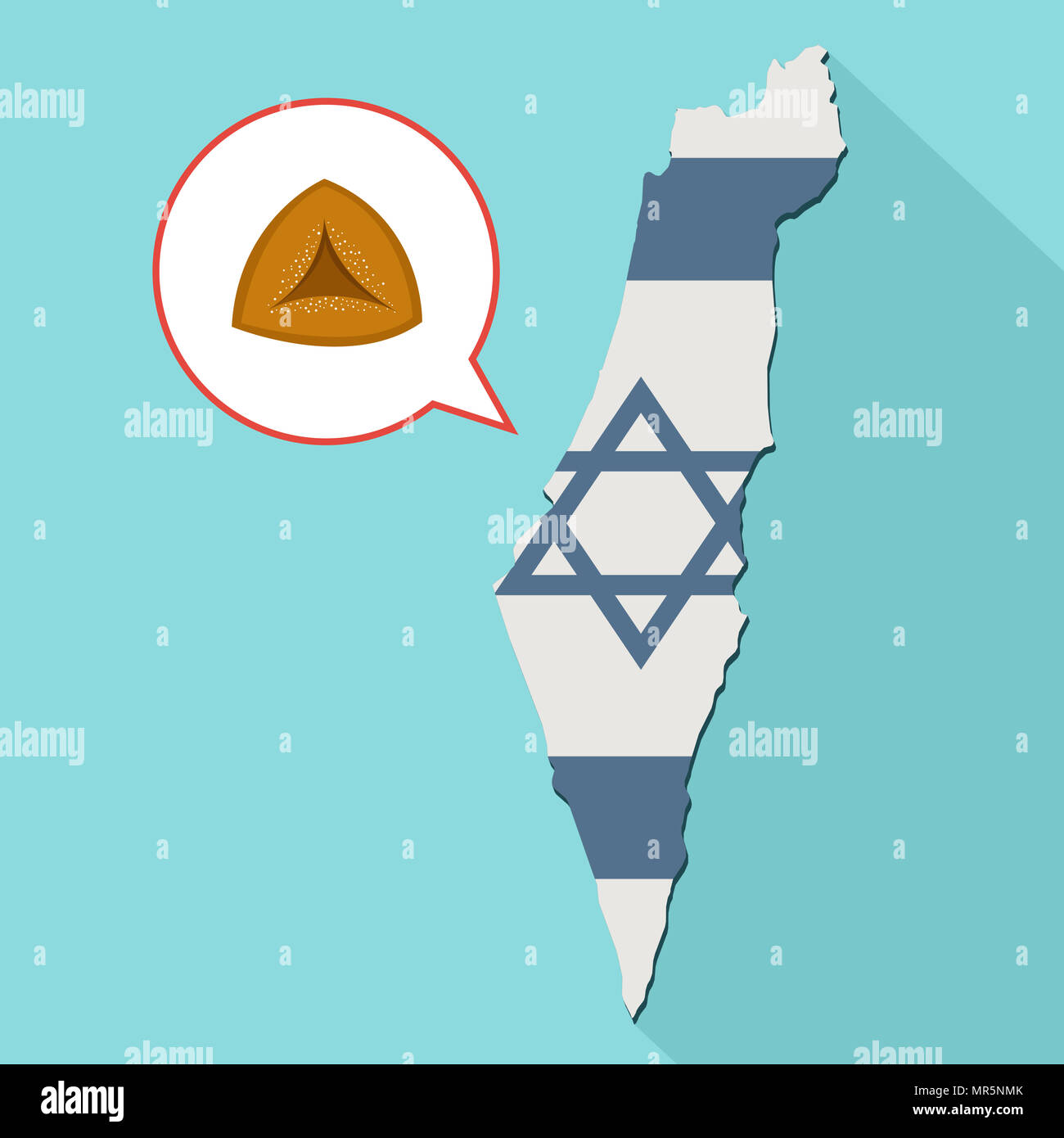 Illustrazione di una lunga ombra Israele mappa con la sua bandiera e un palloncino di fumetti con un hamantash Foto Stock