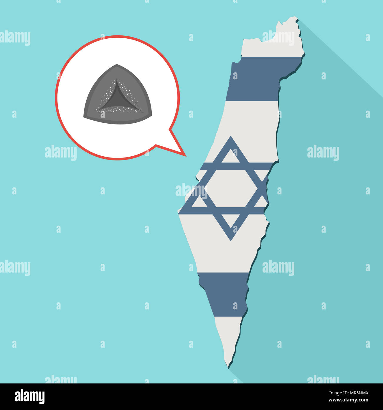 Illustrazione di una lunga ombra Israele mappa con la sua bandiera e un palloncino di fumetti con un hamantash Foto Stock