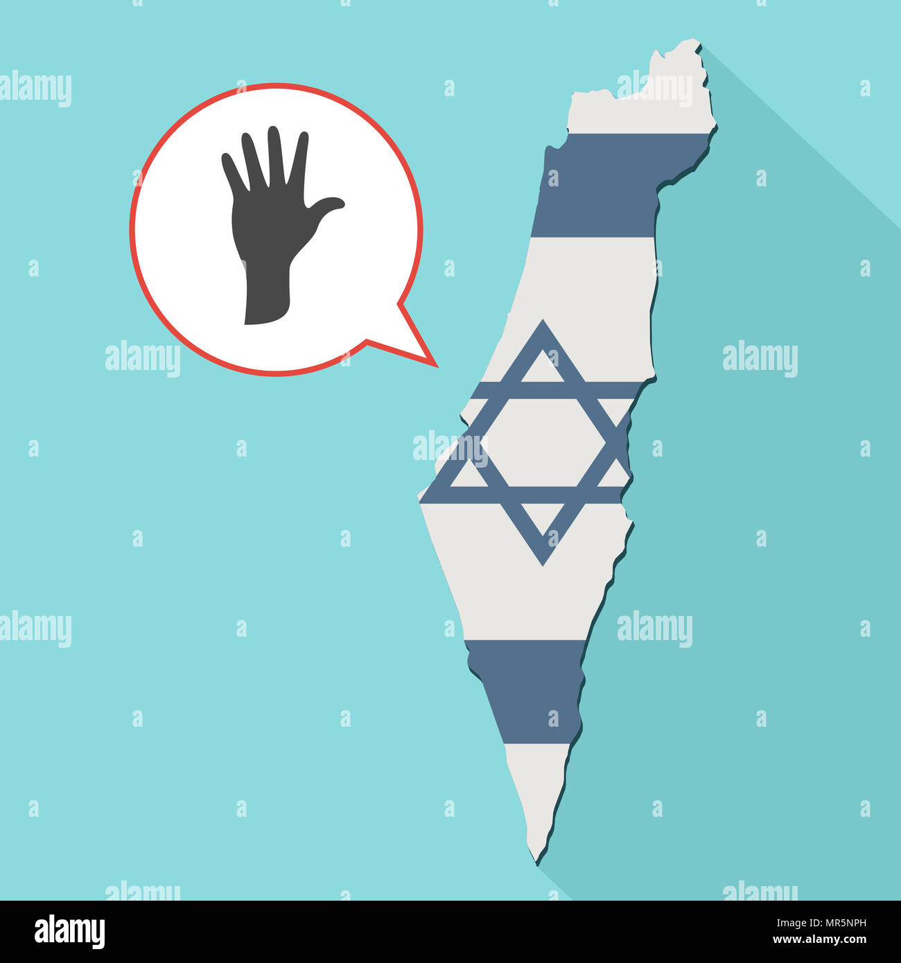 Illustrazione di una lunga ombra Israele mappa con la sua bandiera e un palloncino di fumetti con una mano Foto Stock
