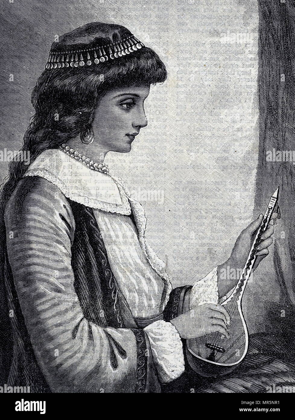 Incisione raffigurante una giovane donna giocando un mandolino. Datata del XIX secolo Foto Stock Incisione raffigurante una giovane donna giocando un mandolino. Datata del XIX secolo Foto Stock