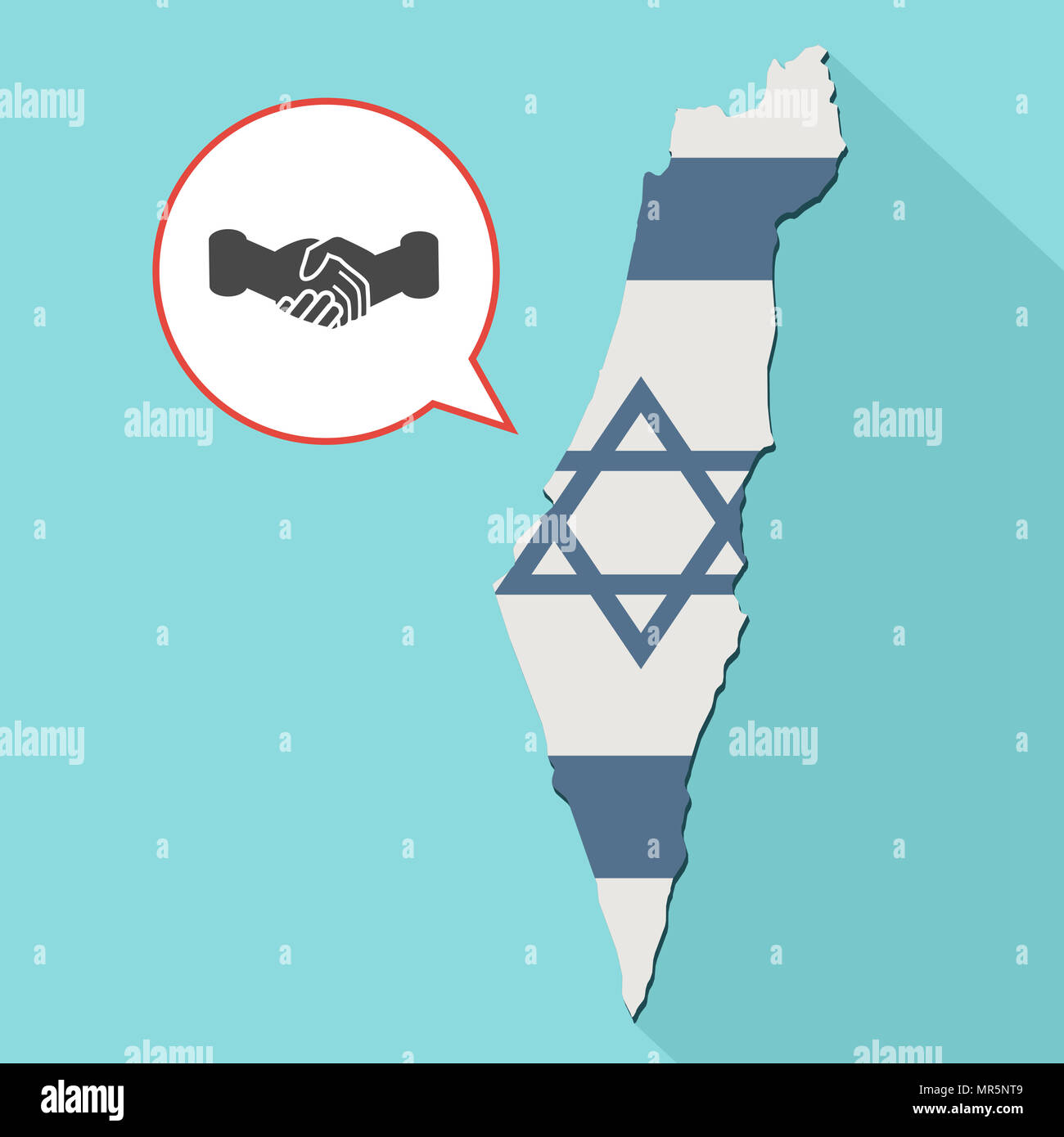Illustrazione di una lunga ombra Israele mappa con la sua bandiera e un palloncino di fumetti con una stretta di mano Foto Stock