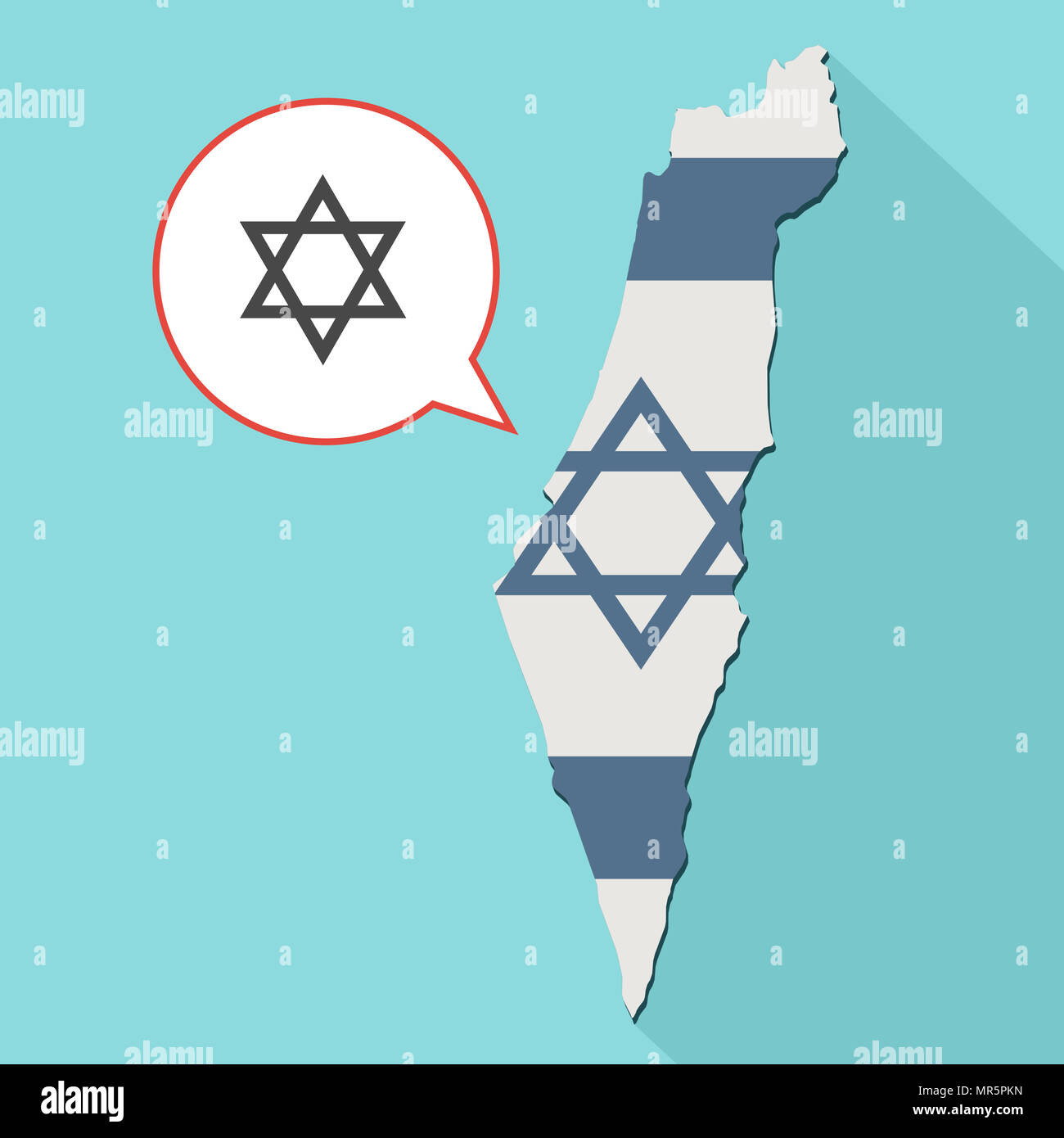 Illustrazione di una lunga ombra Israele mappa con la sua bandiera e un palloncino di fumetti con una stella ebraica di Davide Foto Stock