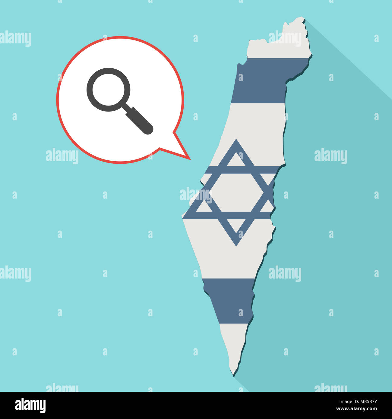 Illustrazione di una lunga ombra Israele mappa con la sua bandiera e un palloncino di fumetti con una lente di ingrandimento Foto Stock