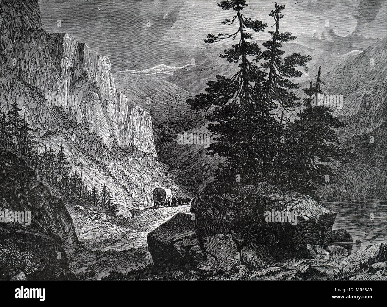 Incisione raffigurante un carro coperto in viaggio attraverso le Montagne Rocciose. Datata del XIX secolo Foto Stock