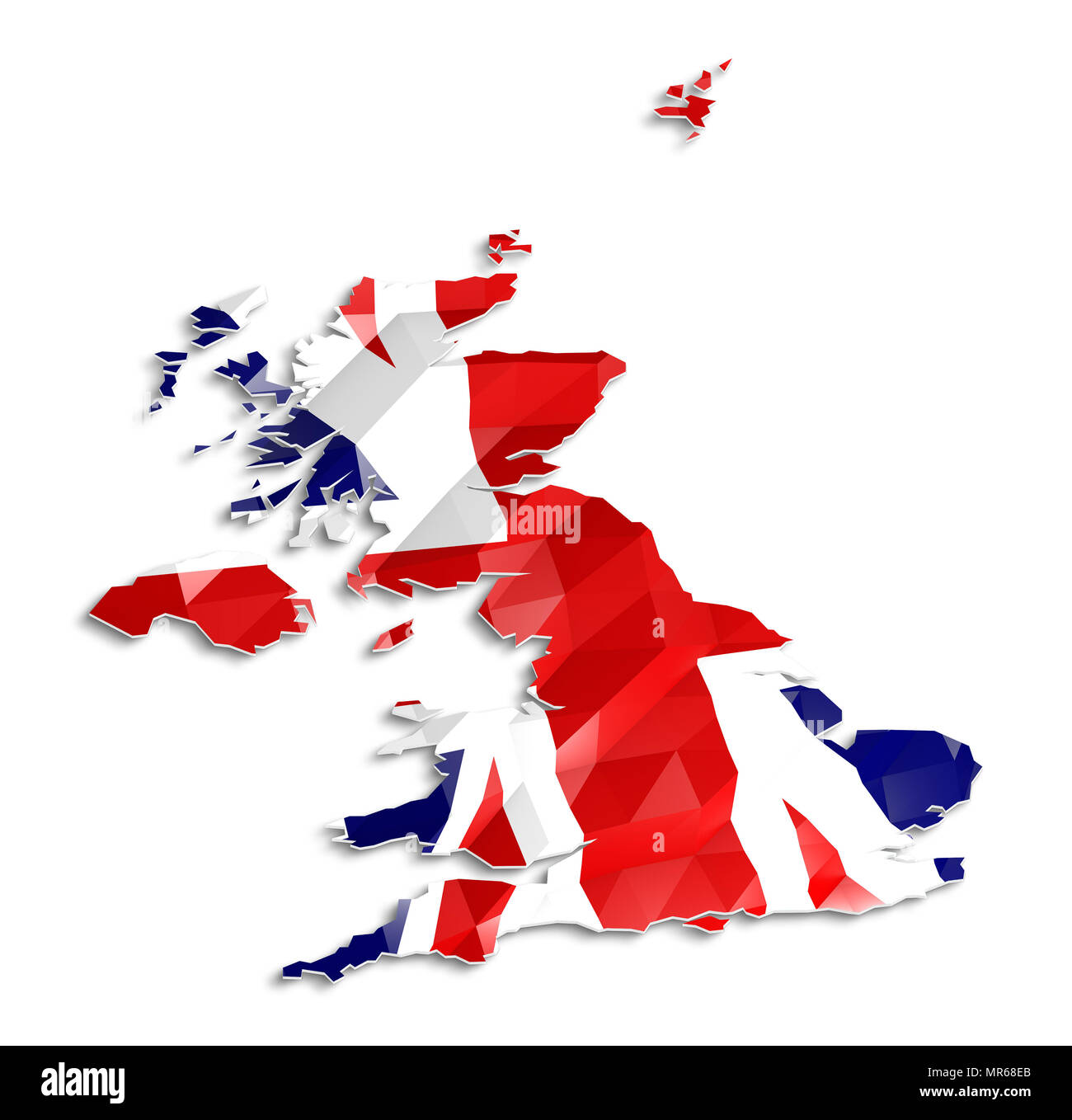Bassa poli bandiera nella mappa di Regno Unito, rendering 3d, icona arte Foto Stock