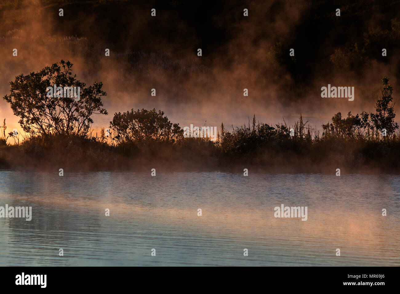 La cottura a vapore caldo molla, lago termale nella luce della sera, vicino Husavik, Islanda Foto Stock