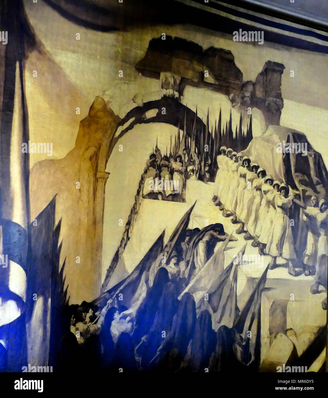 Pitture Murali in camera di consiglio, Palais des Nations, Ginevra (Svizzera). Sul soffitto e pareti. Dipinto nel 1936 dall'artista catalano José María Sert, erano un dono da parte del Governo di Spagna. Essi illustrano il progresso umano attraverso la salute, la tecnologia, la libertà e la pace. Questa è stata la casa della lega delle nazioni, e è presente luogo di incontro della Conferenza sul disarmo. Foto Stock