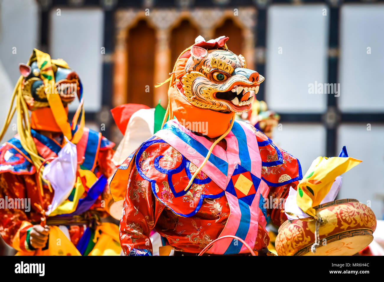 Ballerino alla Mask Dance, religiosi monastero Tsechu Festival, quartiere Gasa Tshechu Festival, Gasa, regione dell Himalaya Foto Stock