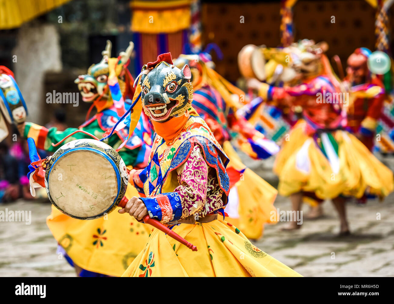 Ballerino alla Mask Dance, religiosi monastero Tsechu Festival, Gasa distretto distretto distretto Tshechu Festival, Gasa Foto Stock
