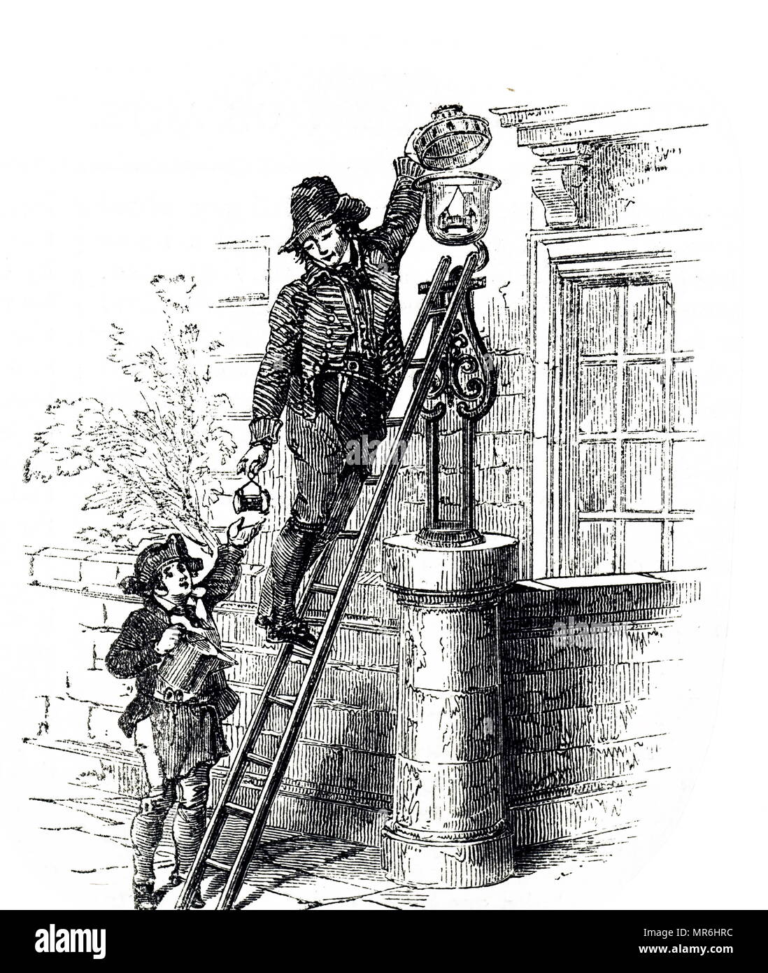 Incisione raffigurante un lamplighter di Londra e il suo assistente di ricaricare i serbatoi di olio lampade stradali. Datata del XIX secolo Foto Stock