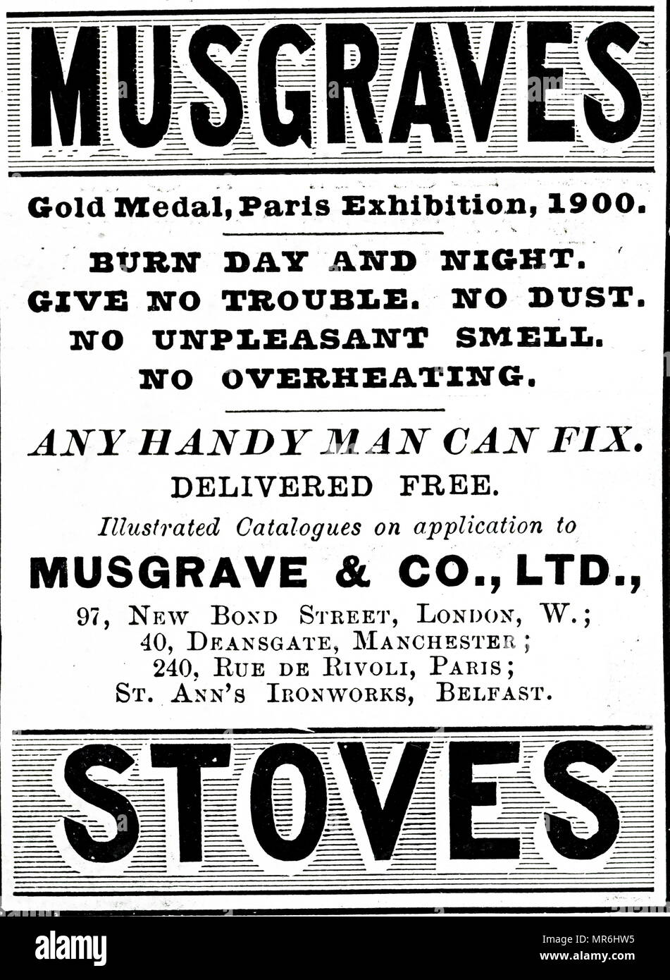 Pubblicità per Musgraves stufe usata per cucinare nelle case. 1900 Foto Stock